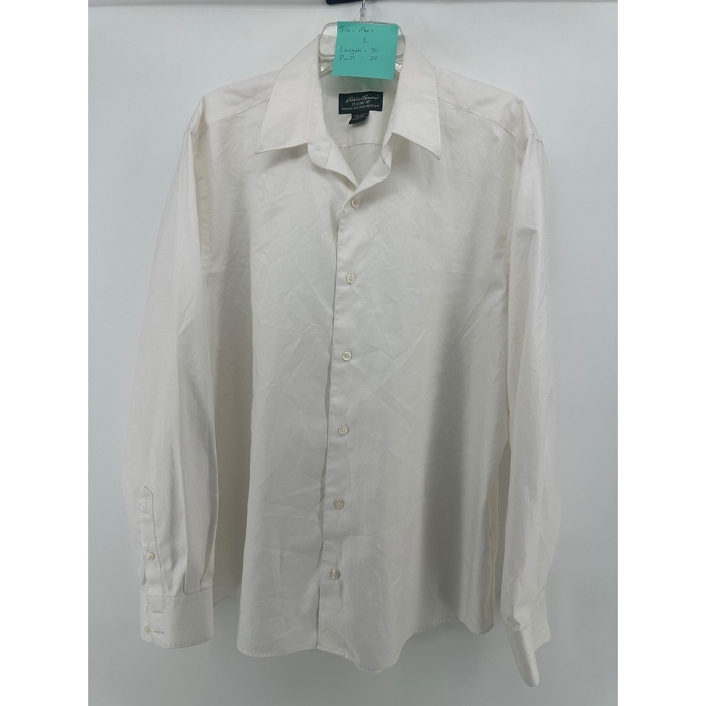 Eddie Bauer Mens White Herringbone Button Shirt Classic Fit Wrinkle Resist L